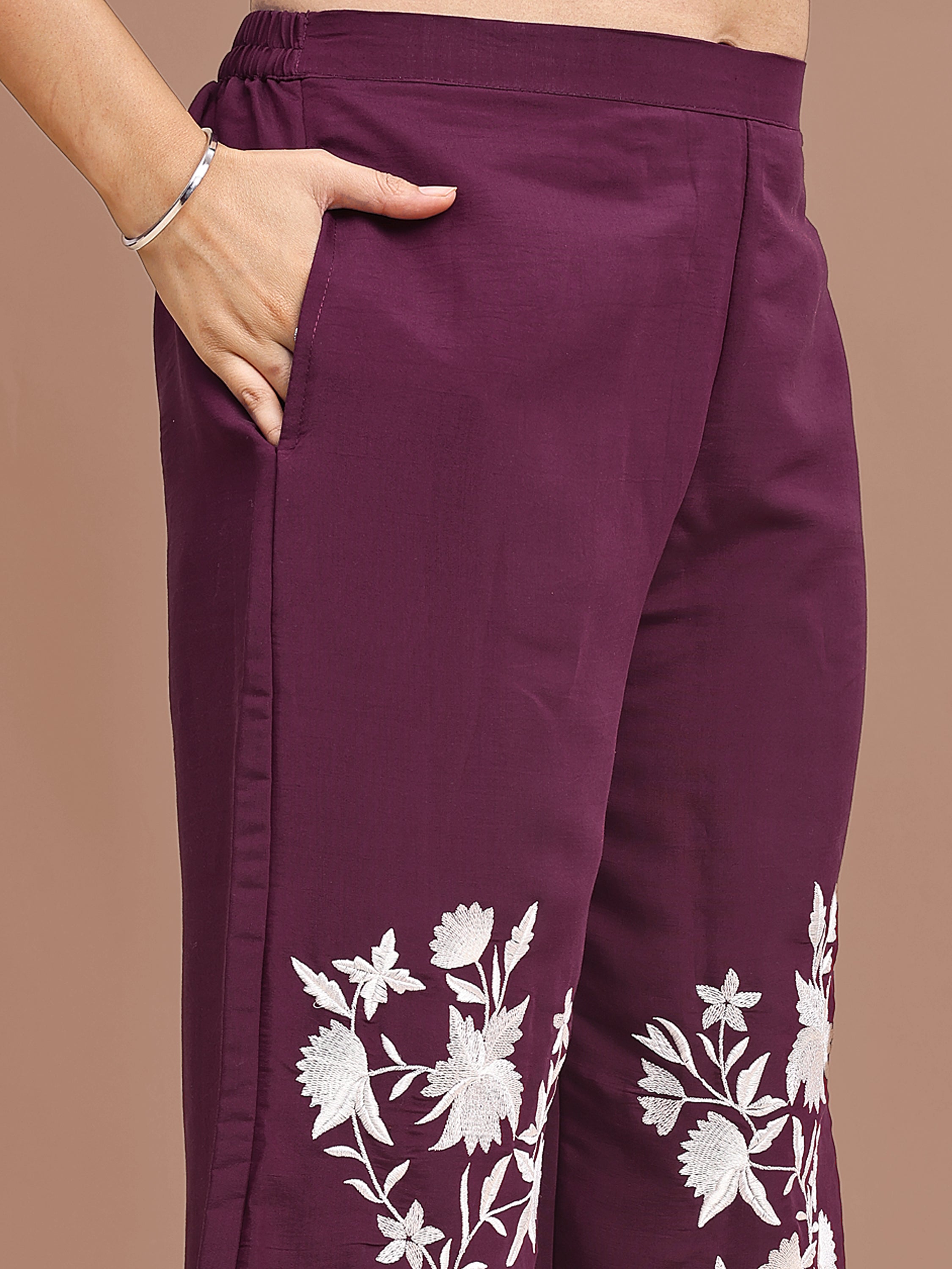 Burgundy Colored Silk Blend With White Thread Embroidered Tunic & Trouser Co-ord Set